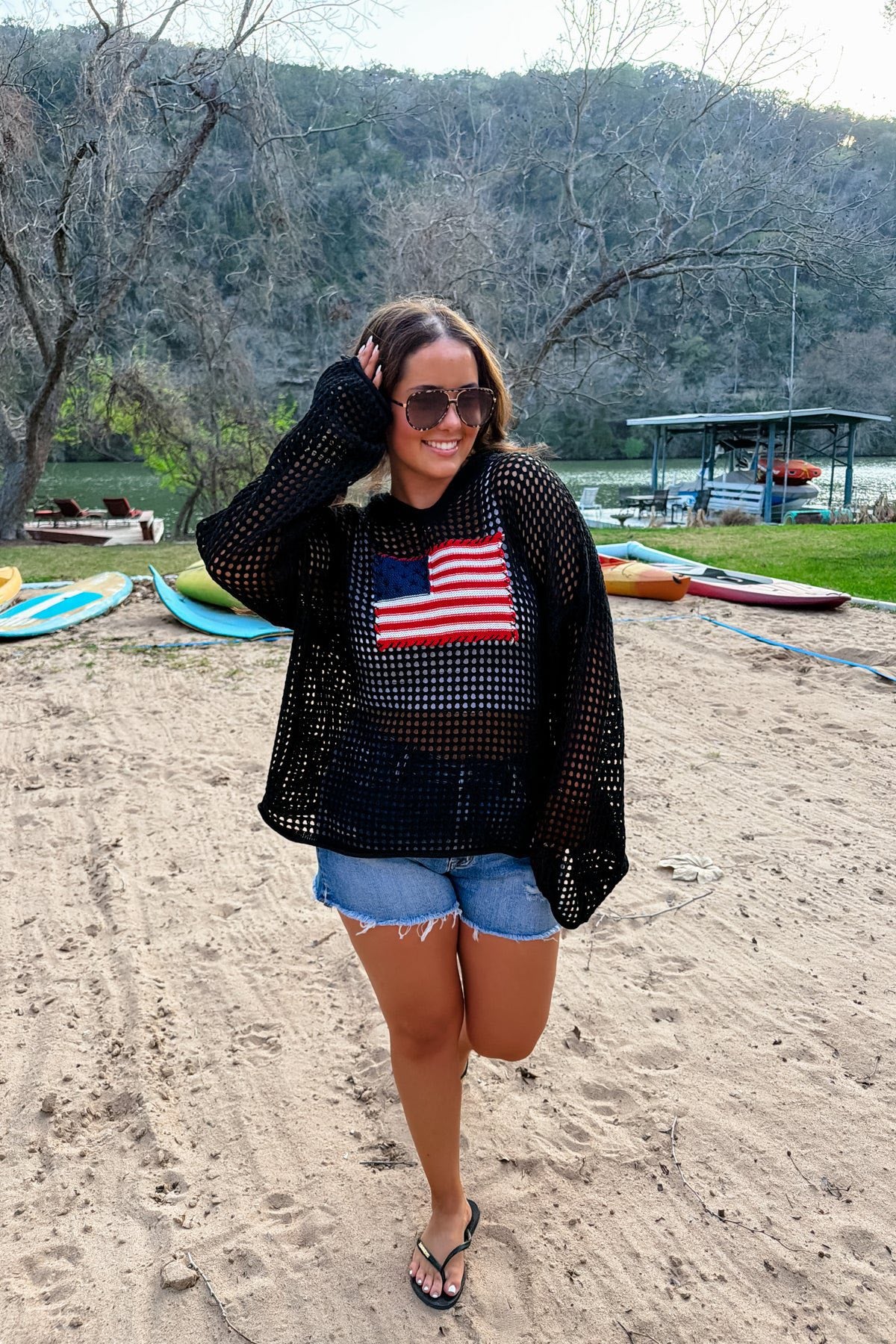 AMERICAN HONEY BY BLAKELEY- FREEDOM FLAG PATCH PULLOVER  ETA MID MAY