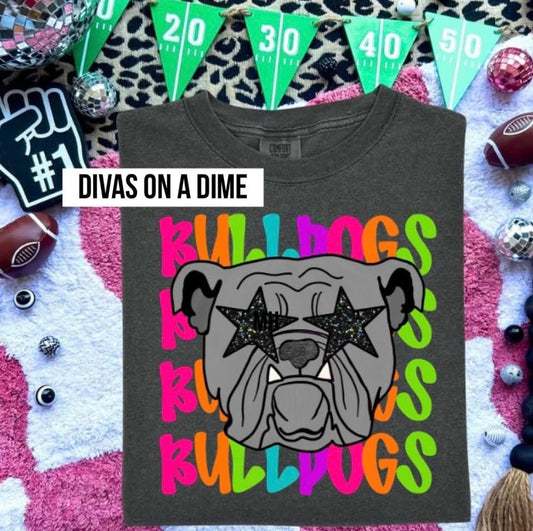 BULLDOGS- NEON STACKED MASCOT TEES-  GILDAN SOFT STYLE