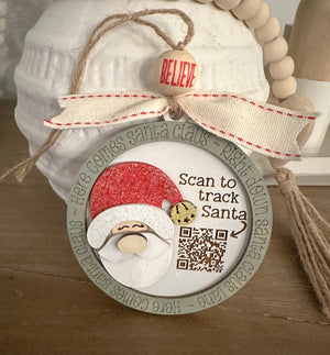 Track Santa Ornament-  NORAD SANTA . ORG bar code- w easel  -  laser